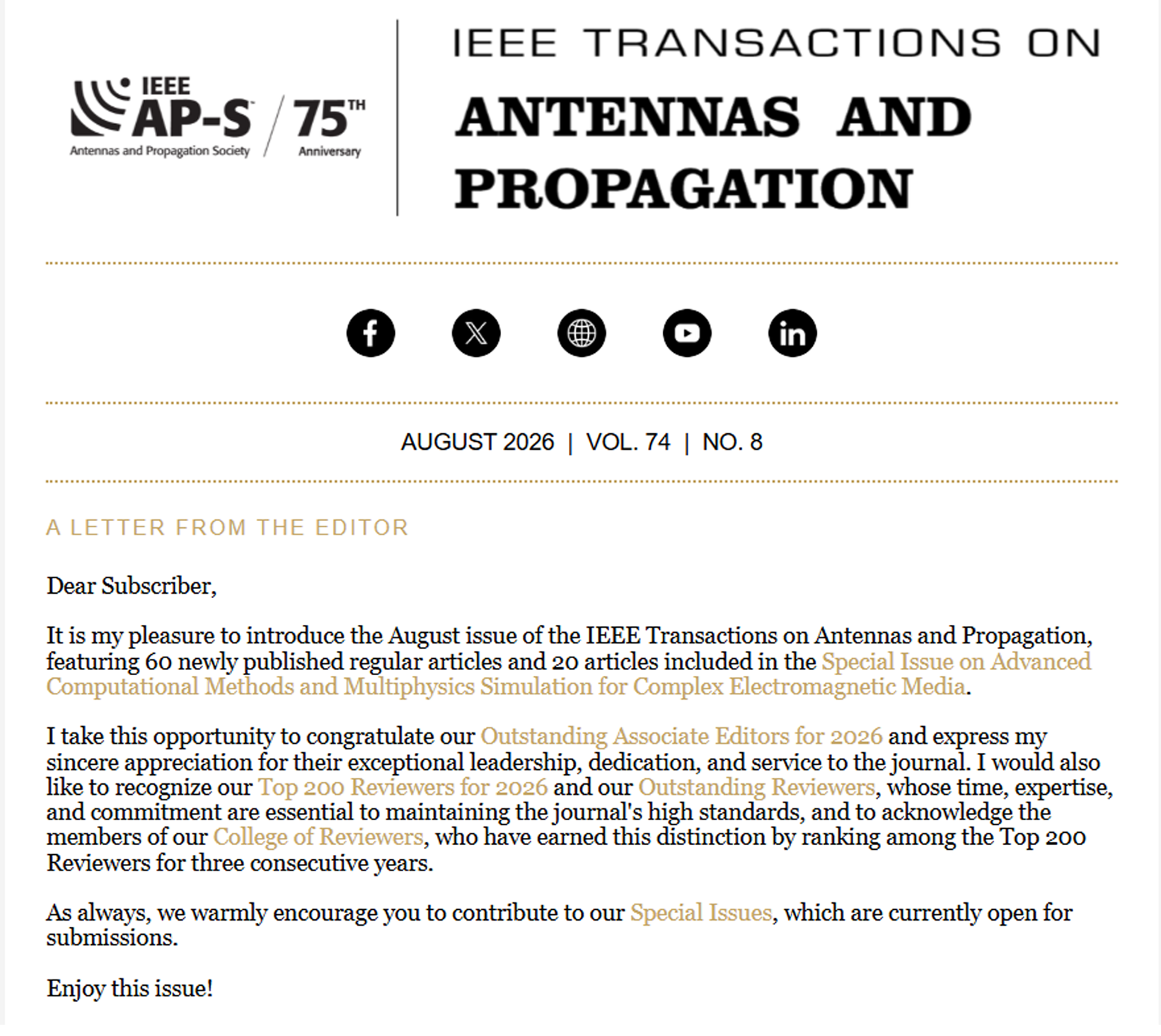 The August 2026 Newsletter for IEEE Transactions on Antennas and Propagation is available!